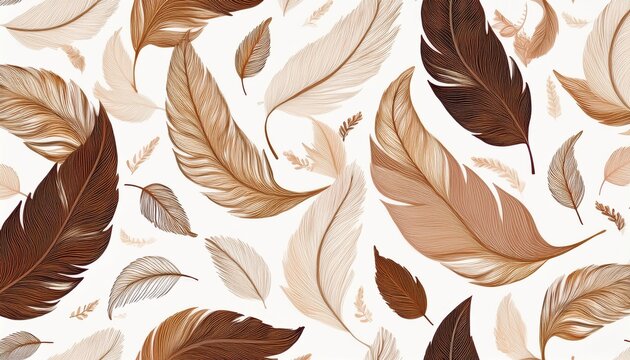 elegant brown and beige feather scatter seamless pattern with delicate leaf and feather shapes on white background natural boho design for fashion textile wallpaper and stationery