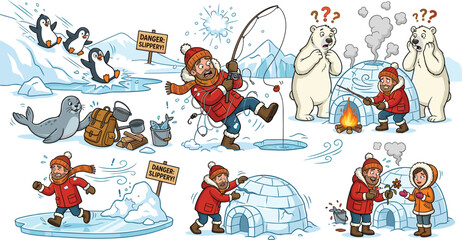 Funny winter arctic survival vector clip art set featuring ice fishing eskimo igloo polar bears penguins and danger signs © Kulsum