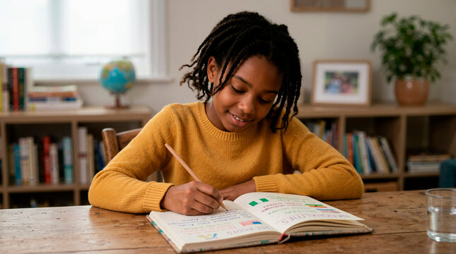 African American girl writing about different nationalities in her journal. Smiling child student learning about world flags and cultures at home. Geography and education concept