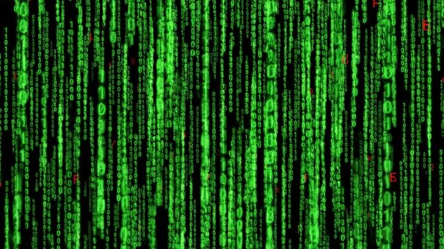 Digital matrix rain background: green binary code streaming down, cyber security and tech data concept