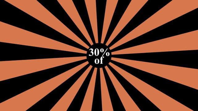 Comic retro background. Sunburst, radial, sunlight, 30% discount/of ,circus, stripe background rotation Fantastic tunnel, .Abstract tunnel .Wallpaper with orange shapes.4k animation motion ..