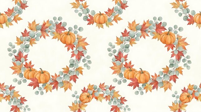 Autumn harvest wreath pattern with pumpkins and leaves