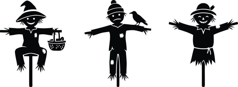 Black silhouette scarecrow clip art set