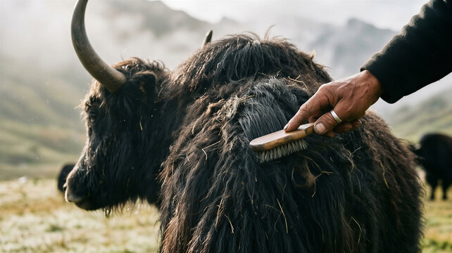 Harmonious bond as a caring hand brushes a hardy yak's shaggy coat on a vast mountain pasture at dawn