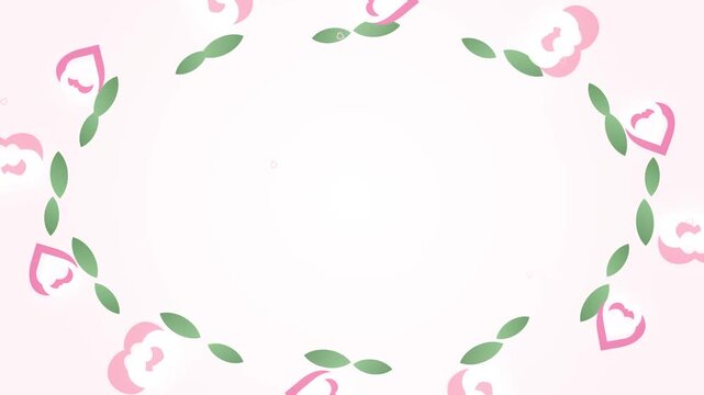 Delicate floral wreath with pink flowers and green leaves on a soft pink background.