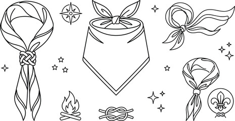 Scout Neckerchief and Bandana Vector Set featuring Scout Scarf with Woggle Campfire Compass Rope Knot and Fleur de Lis Badge Line Art Icons © Yousuf