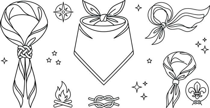 Scout Neckerchief and Bandana Vector Set featuring Scout Scarf with Woggle Campfire Compass Rope Knot and Fleur de Lis Badge Line Art Icons