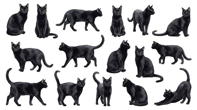 Collection of black domestic cat poses and silhouettes