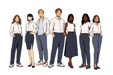 Fototapeta premium A confident group of diverse coworkers dressed in business casual attire — collared shirts, tailored trousers, and skirts — standing together. Cartoon vector illustration
