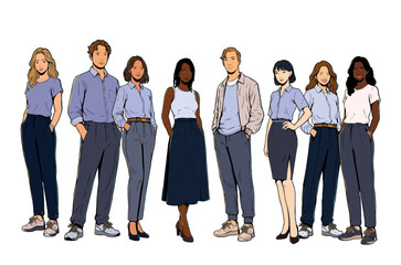 Obraz premium A confident group of diverse coworkers dressed in business casual attire — collared shirts, tailored trousers, and skirts — standing together. Cartoon vector illustration
