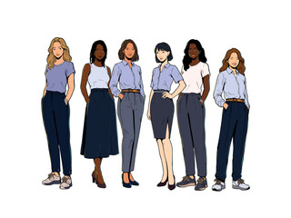 Obraz premium A confident group of diverse coworkers dressed in business casual attire — collared shirts, tailored trousers, and skirts — standing together. Cartoon vector illustration