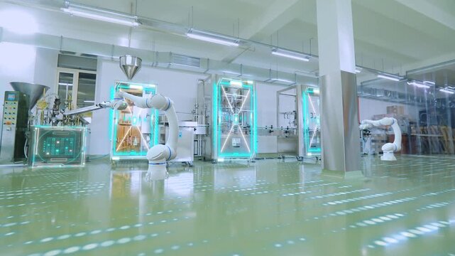 Automated production of pharmaceutical, cosmetic, or food products using robotics and AI-based control. Pharmaceutical industry. Pharmaceutical packaging line. Smart factory inside.