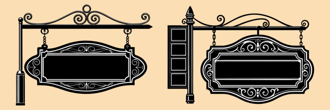 An elegant duo of vintage wrought iron hanging signs and decorative chalkboard plaques for boutique storefronts or traditional restaurant menus.