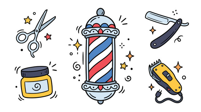 Classic hand drawn vintage barbershop doodle vector set showcasing barber pole hair scissors straight razor hair clipper and pomade jar