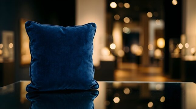 Blue velvet cushion on a glass table in a blurred elegant exhibition
