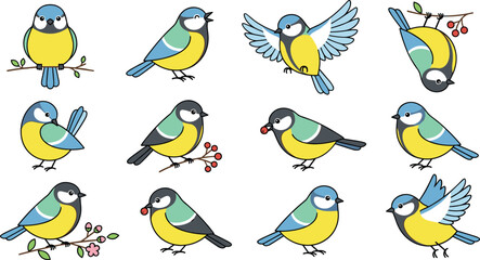 Kawaii blue tit bird illustrations collection with adorable yellow and blue songbirds singing flying and holding spring flowers for kids nursery prints © MdMehedi