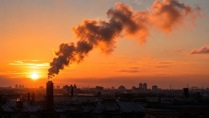 Fototapeta premium Thick Industrial Smoke Rising Above City Skyline at Sunset Air Pollution Concept