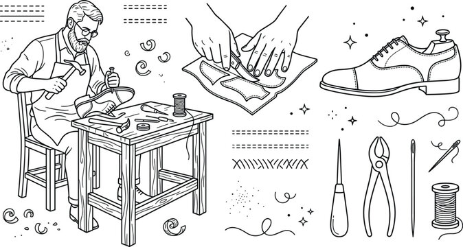 Shoemaker and Cobbler Workshop Vector Set featuring Craftsman Making Leather Shoes Tools Stitching Patterns and Workshop Elements in Line Art Style