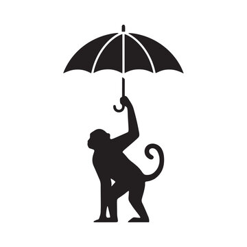 Monkey holding umbrella silhouette against transparent background