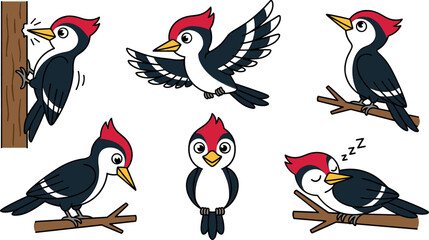 Kawaii woodpecker bird illustrations collection with adorable wild animals sitting on tree trunks and sleeping isolated on white background for kids prints © MdMehedi