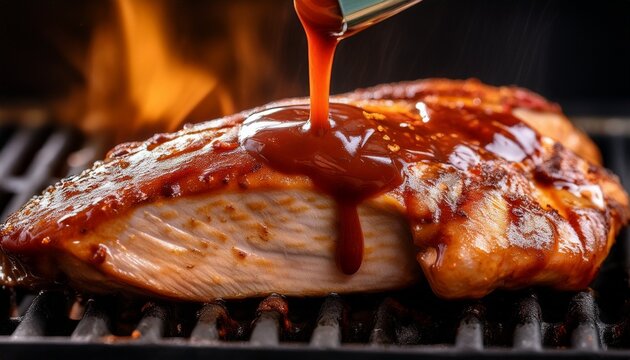 a close up of a chicken fillet being brushed with a tangy barbecue sauce on the grill