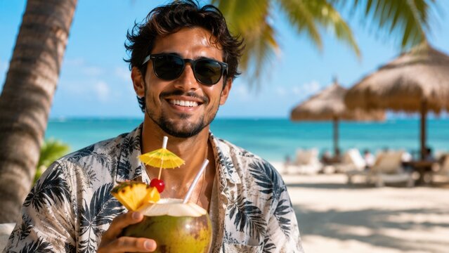 Smiling Young Man Enjoying Fresh Tropical Coconut Drink on Sunny Beach During Summer Vacation