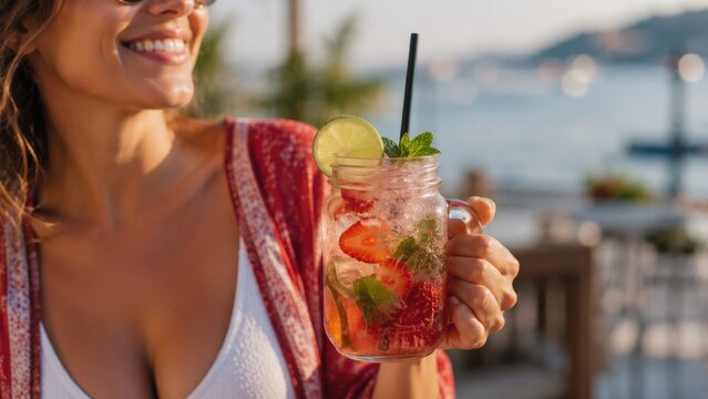 Refreshing Strawberry Lime Mojito Cocktail in Glass Jar at Beautiful Seaside Restaurant Terrace