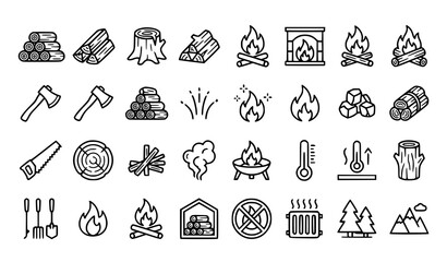 Fototapeta premium Firewood and Campfire Outline Icons Vector Collection