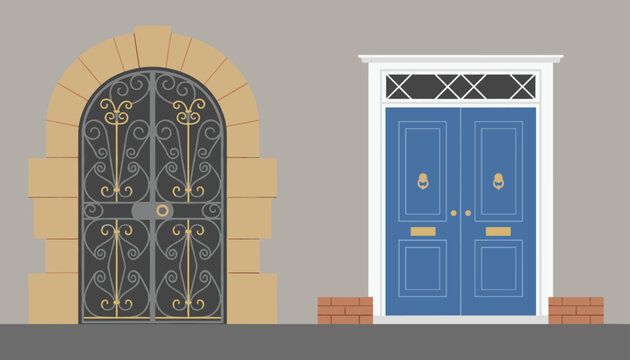 Exterior doors including an ornate black iron arch gate and a traditional blue double wooden door with a frame.