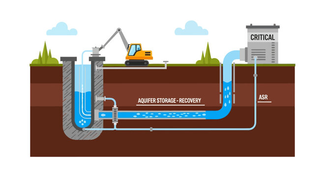 Aquifer Storage and Recovery (ASR) System Infographic with Groundwater Recharge Infrastructure and Water Management Process