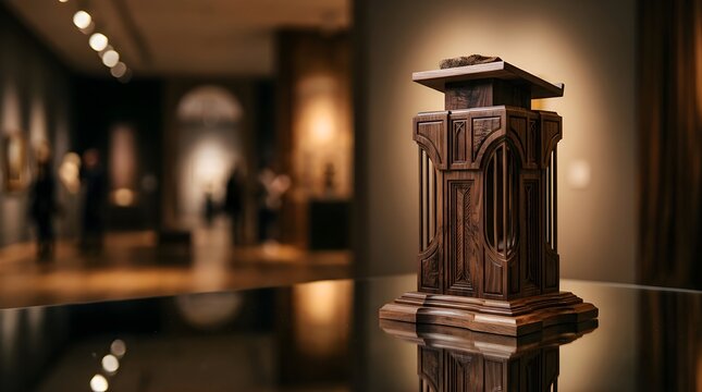 Elegant carved wooden podium on a reflective table in a blurred gallery