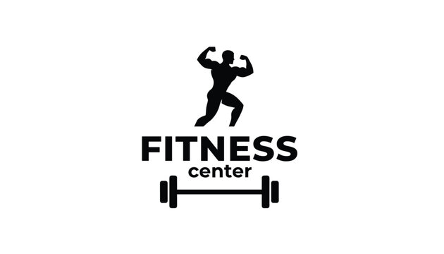 Minimalist black and white fitness center logo with a muscular bodybuilder silhouette flexing muscles above a heavy dumbbell.