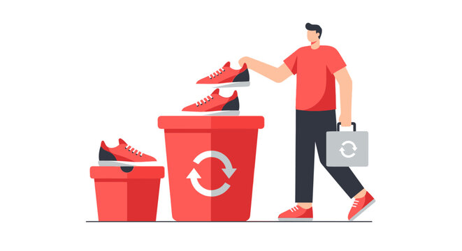 Sustainable Fashion and Shoe Recycling Concept Vector Illustration: A man placing red sneakers into a recycling bin to promote a circular economy and environmental care.