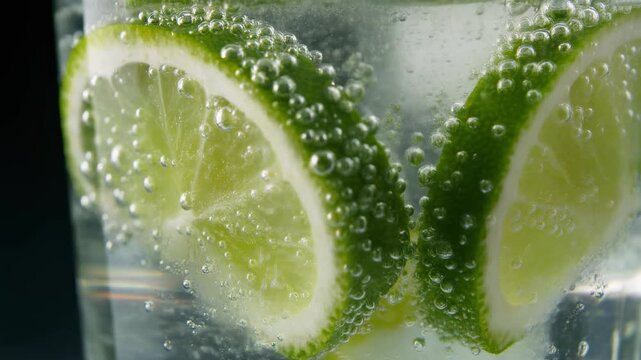 Macro Classic Mojito Cocktail Showing Muddled Lime Sugar Granules and Rising Club Soda Bubbles