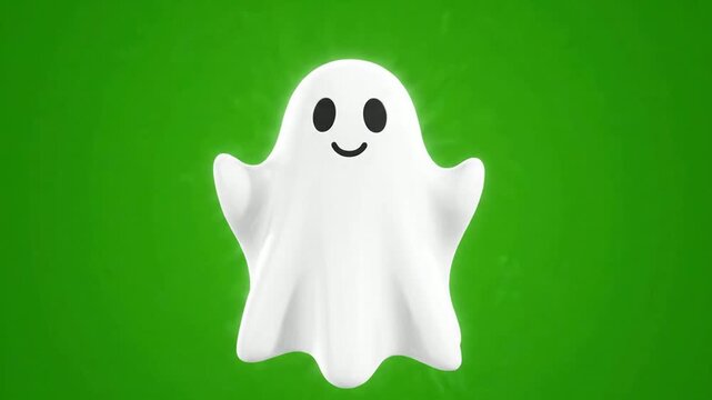 Cute Cartoon White Ghost Character Floating on Chroma Key Green Screen Background for Halloween