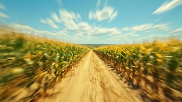 Vibrant cornfield with motion blur under bright blue sky and fluffy clouds