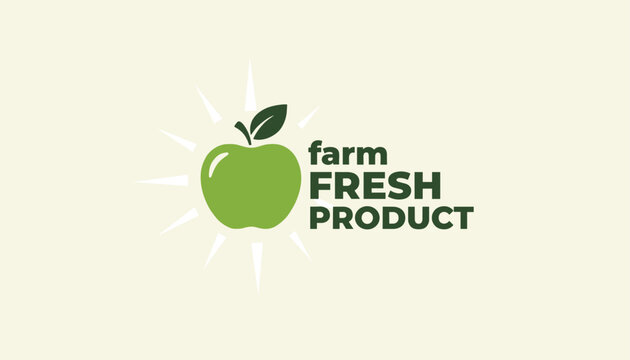 Farm fresh product logo design template with green apple icon and shining sun rays on clean cream colored background.