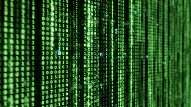 Falling Green Binary Code Matrix Stream on Dark Digital Background