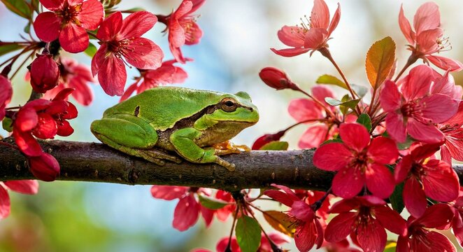 Green Frog Perched on Pink Blossom Branch Spring Nature Wildlife Portrait Photography