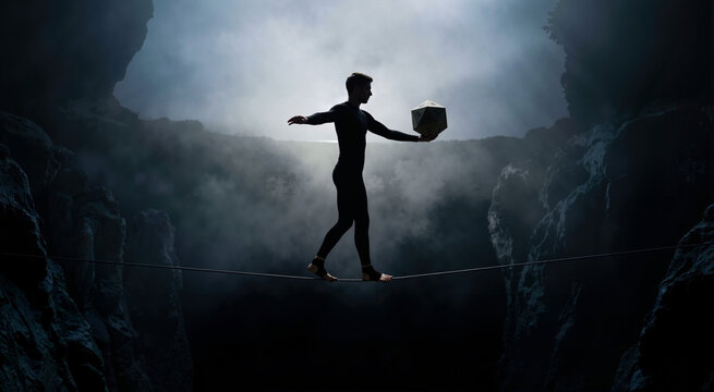 Silhouette of a man walking on a tightrope across a foggy chasm. Male acrobat balancing a large die in a high risk gambling concept