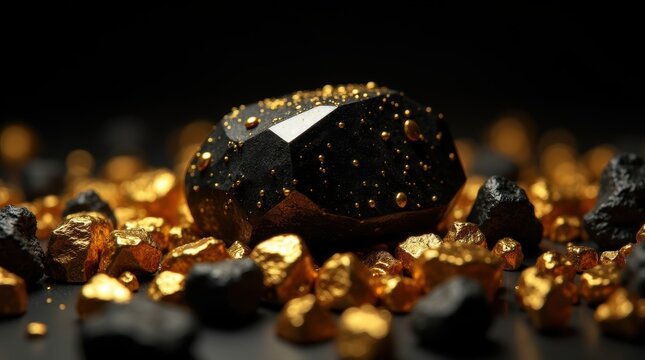 Large black diamond gemstone sitting on a pile of raw gold nuggets isolated on white background