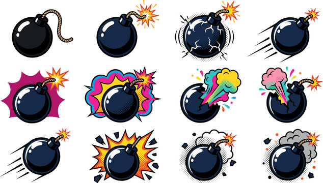 Retro pop art bomb illustrations collection with burning fuse spark and colorful comic style blast isolated on white background for design