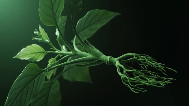 Green Plant with Exposed Roots on Dark Background