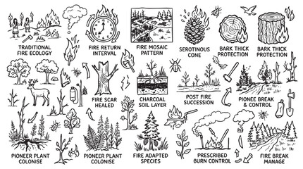 Naklejka premium Fire ecology and forest management processes sketch set.