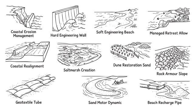 Coastal protection management strategies and engineering methods illustration set.