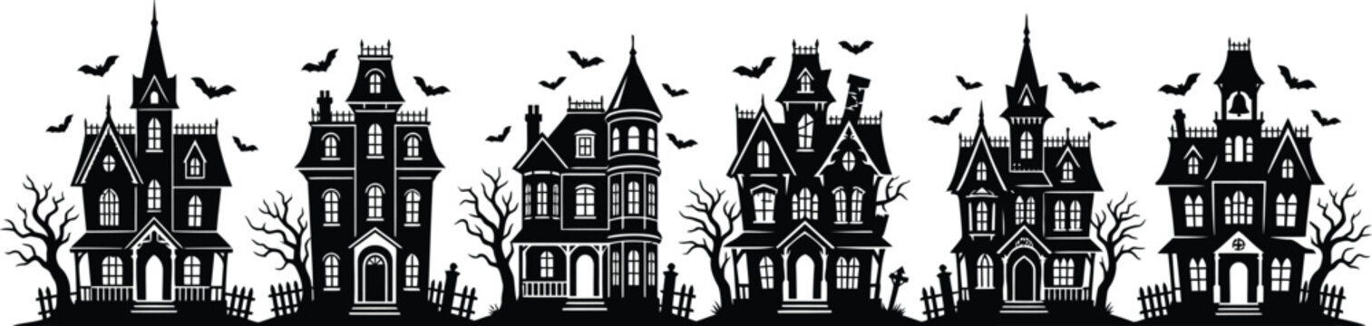 Silhouetted halloween townscape with spooky houses and bats