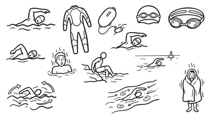 Fototapeta premium Swimming activities and equipment: collection of people swimming and gear.