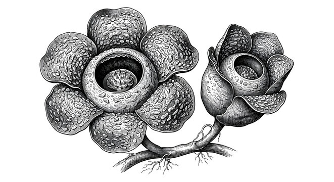 Vintage engraving style illustration of two Rafflesia flowers