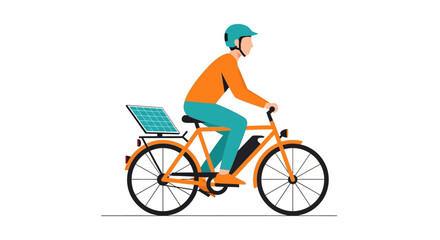 Fototapeta premium Man Riding Electric Bicycle with Solar Panel, Eco-Friendly Sustainable Transportation Concept, Flat Vector Illustration Isolated on White