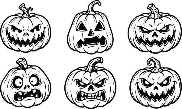 Halloween jack o' lantern faces collection black and white vector illustration